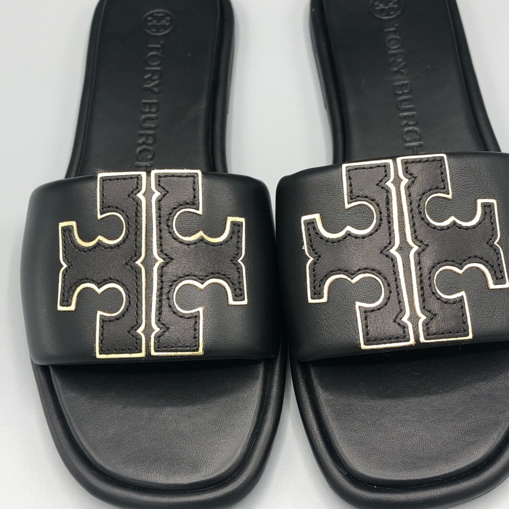 Tory Burch Black Logo Slide Sandals with Contrasting Trim